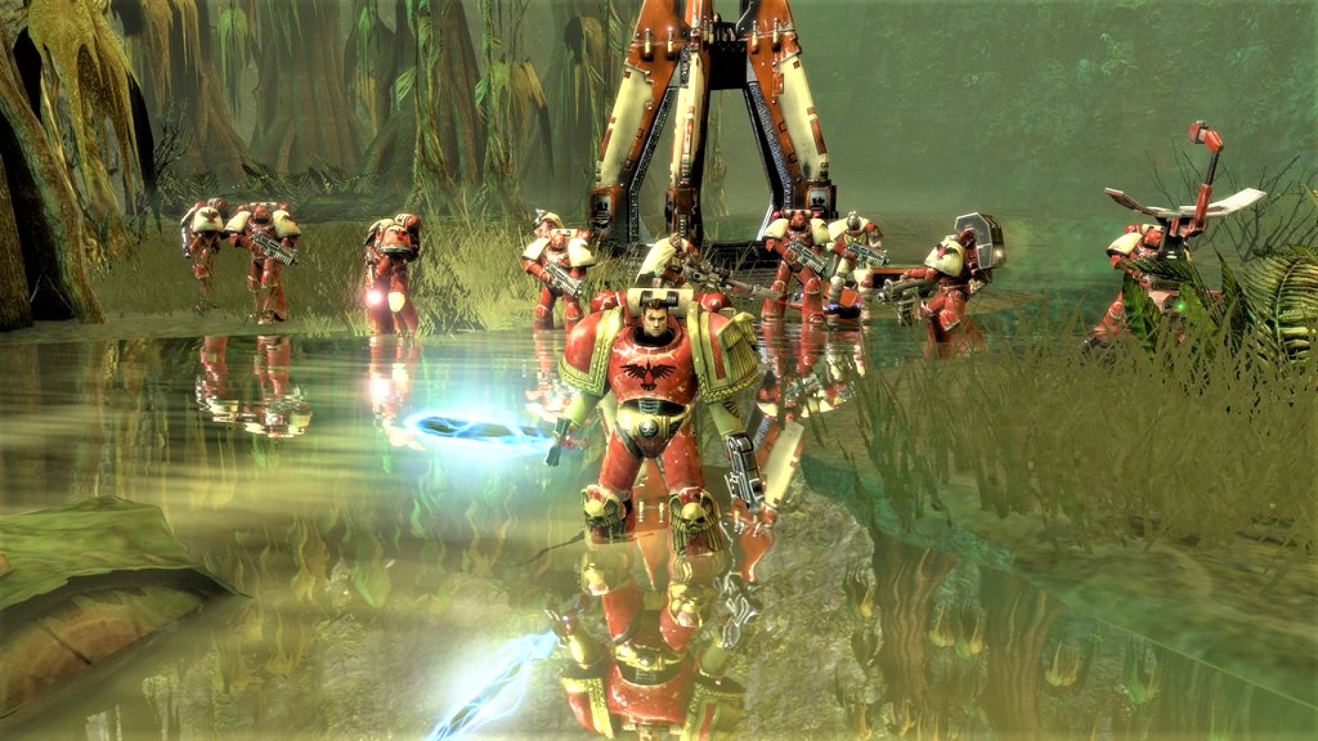 Best Warhammer 40K videogames Dawn of War 2 screenshot showing Blood Ravens space marines and a drop pod