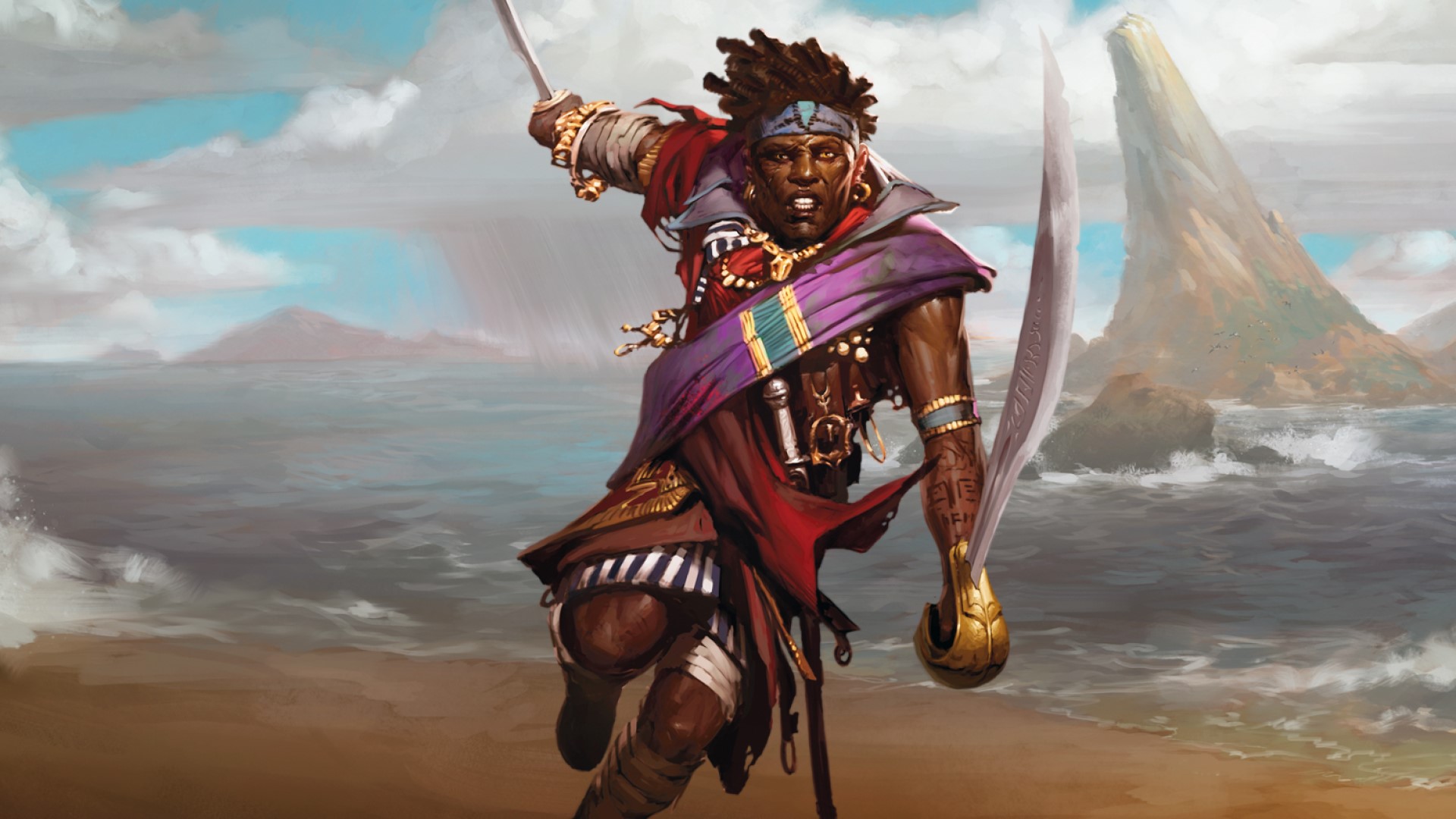 DnD Barbarian 5E class guide Wizards artwork showing a human barbarian dual wielding scimitars