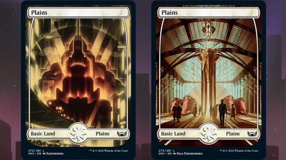 Magic the Gathering streets of new capenna artwork from spoilers showing two full-art plains land cards