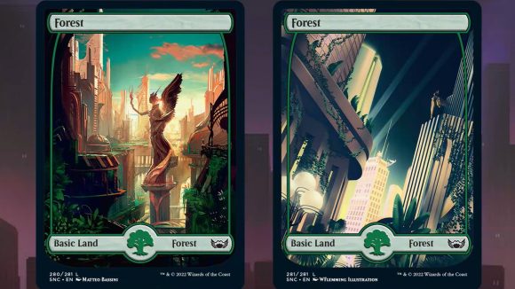 Magic the Gathering streets of new capenna artwork from spoilers showing two full-art forest land cards