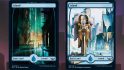 Magic the Gathering streets of new capenna artwork from spoilers showing two full-art island land cards