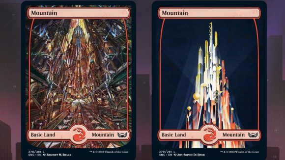 Magic the Gathering streets of new capenna artwork from spoilers showing two full-art mountain land cards
