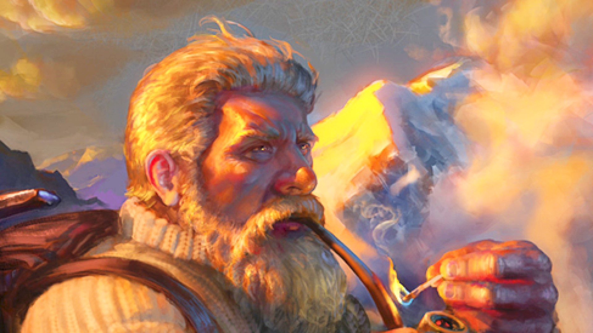 DnD level up a grey-beared dwarf lighting a pipe, on a snowy mountaintop.