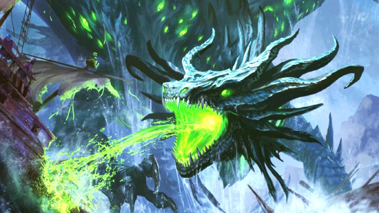 DnD monsters - a big, scary, green dragon, with green flame billowing from its mouth