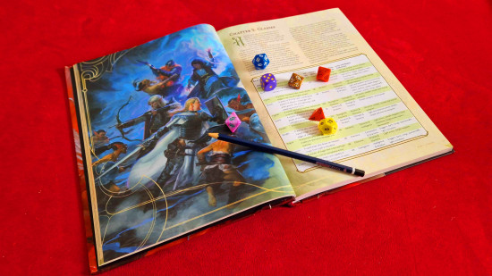 Photo of a D&D rulebook, a pencil, and dice - everything you need to learn how to play Dungeons and Dragons