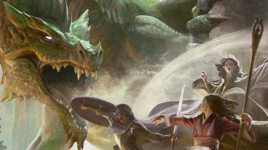 DnD sizes 5e - Wizards of the Coast art of a green dragon fighting adventurers