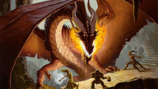 DnD sizes 5e - Wizards of the Coast art of a red dragon fighting adventurers