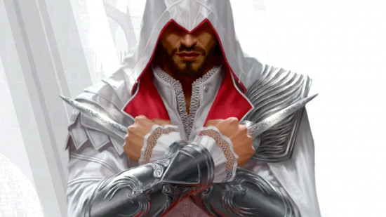 MTG Universes Beyond Assassin's creed art: Ezio Auditore de Firenze, an Italian man in a white cape with a pair of hidden blades