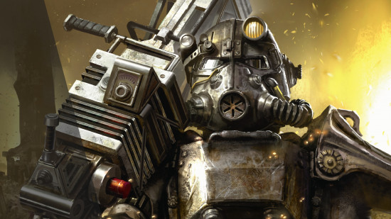 MTG Universes Beyond - Fallout art, a Brotherhood of Steel human in a suit of huge power armor