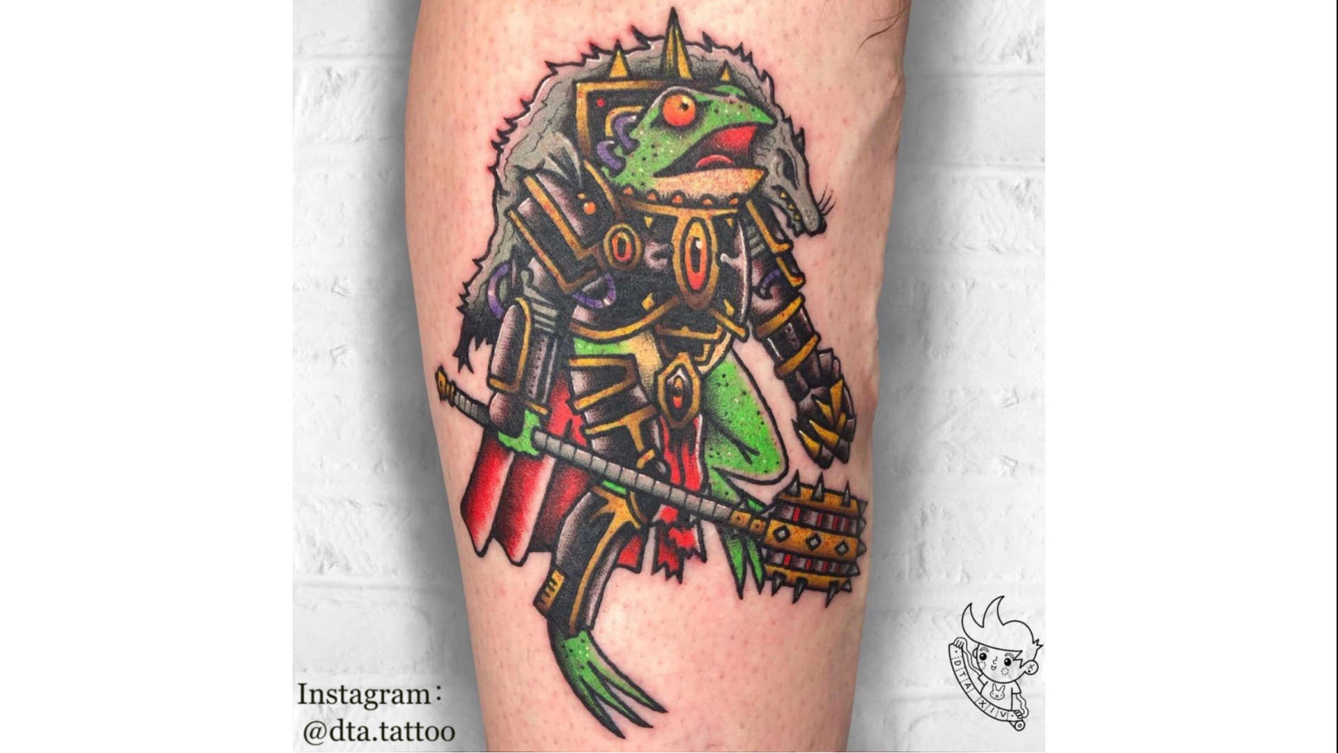 Tattoo uploaded by Daze Lee  Its a wrap for this detail warhammer piece  Finish off with the red and grayish smoke chains UV green eye and lotta  white lines An interesting