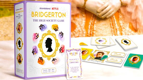 Netflix Bridgerton board game announced - official Netflix and Asmodee press photo showing the Bridgerton board game box, board, and pieces, with a character in costume behind