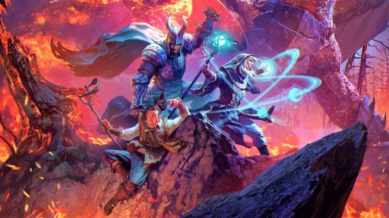 DnD Dragonlance artwork showing heroes surrounded by lava.