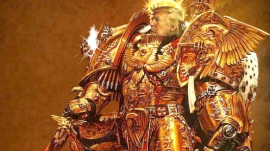 Warhammer 40k fascists and LGBTQ+ safety - KnowYourMeme compound image created from a GW artwork of the Emperor of Mankind and an image of Donald Trump