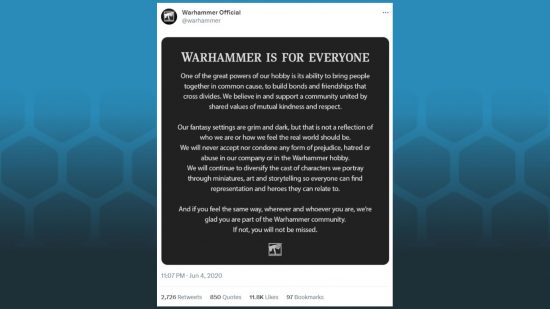 Warhammer 40k fascists and LGBTQ+ safety - screenshot of Games Workshop's tweeted statement stating Warhammer is For Everyone