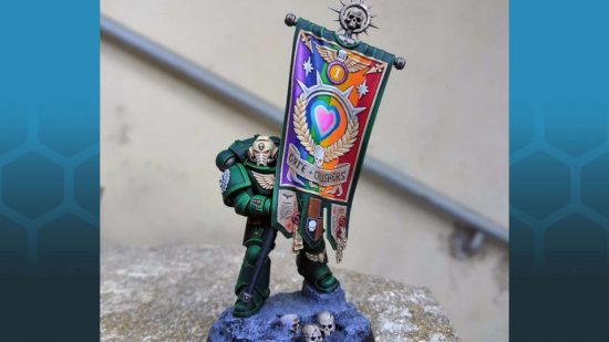 Warhammer 40k Space Marines painted in Pride Flag colors by CerberusXt - a Dark Angels ancient holds a Progress flag banner