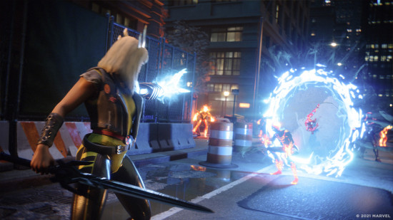 The best games like XCOM - screenshot from Marvel's Midnight Suns, a super hero blasts one of their enemies backwards into a portal