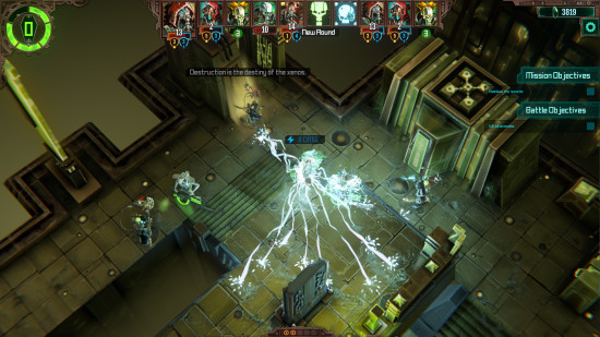 The best games like XCOM - Screenshot from Mechanicus, tech priests discharge lightning across a Necron Tomb