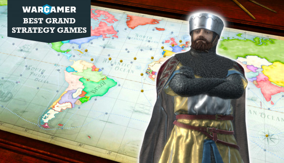 Best grand strategy games - Victoria 3 screenshot showing the world map on a scroll, overlaid with a medieval figure from Crusader Kings 3 and a Wargamer label reading Best grand strategy games