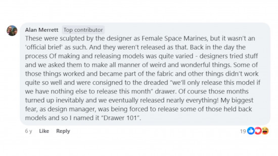 A quote by Alan Merrett explaining that some miniatures were designed as female Space Marines