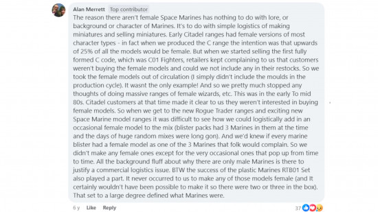 A quote by Alan Merrett explaining why Games Workshop never released official female Space Marines