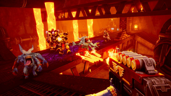 Screenshot from one of the best Warhammer 40k games, Boltgun, a retro FPS - the player fires a shotgun towards a group of Chaos Space Marines and daemons of Tzeentch in a forge complex