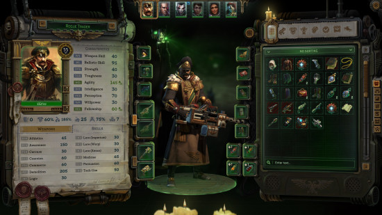 Screenshot from one of the best Warhammer 40k games, Rogue Trader, showing a character inventory screen