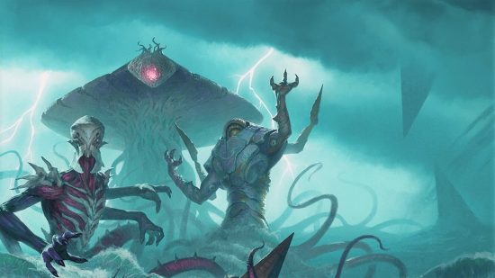 Magic the Gathering Modern Horizons 3: illustration of Eldrazi, extra-dimensional titans with incomprehensible proportions, rise from a waste in a lightning choked realm