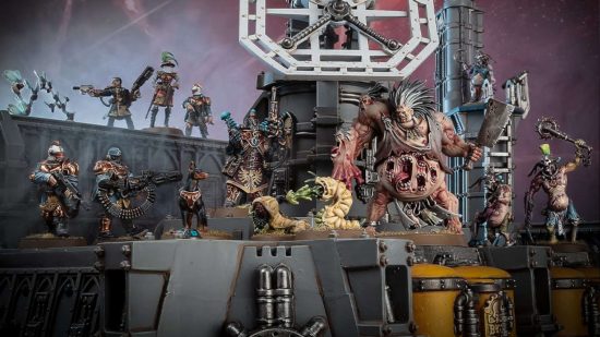 Warhammer 40k Kill Team design team recruits new matched play designer - diorama by Games Workshop of hideous Gellerpox mutants fighting atop a radio tower