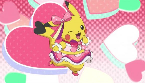 Cutest Pokémon guide - Pokémon anime screenshot showing Pop Star Pikachu in a skirt with love hearts