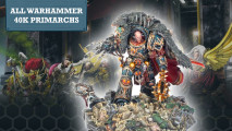 Warhammer 40k primarchs guide - Games Workshop artwork showing the Primarchs at the Ullanor triumph, overlaid with an image of the new Horus, Ascended character model