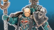Warhammer Horus Heresy consul mini Dark Emissary - Games Workshop photo showing the new Dark Emissary model's face up close, hating you on a blue hex background