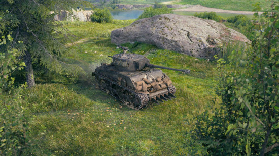 World of Tanks best tanks guide - wargaming WoT screenshot showing a D-day event tank moving in terrain, between a forest and a rock outcrop