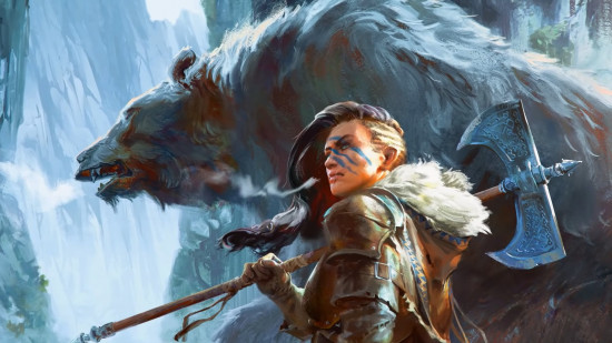 Wizards of the Coast art of a DnD Barbarian 5e woman and a bear