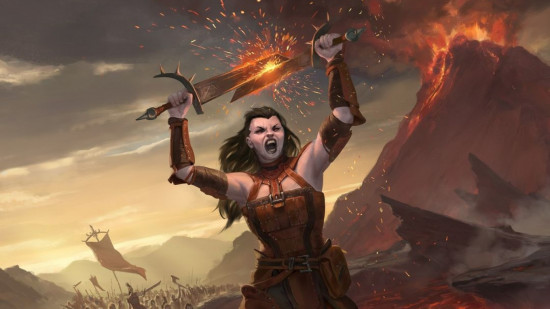 Wizards of the Coast art of a DnD Barbarian 5e woman holding two swords