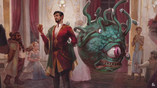 DnD Bard 5e - Wizards of the Coast art of a Beholder and a human at a party