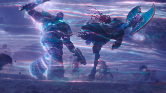Screenshot from Space Marine 2, of a Space Marine caught in a warp storm fighting a Tzaangor enemy