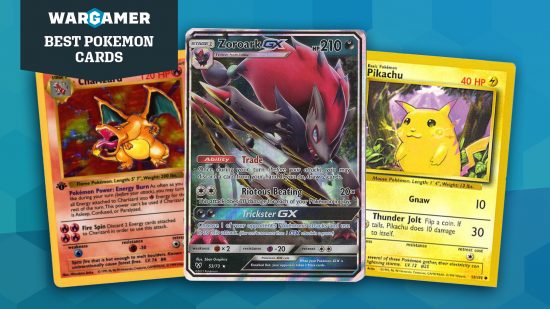 Three of the best Pokemon cards on a blue background