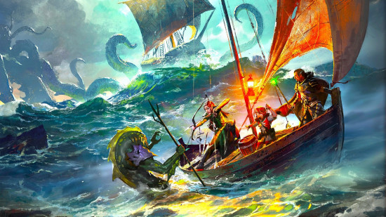 DnD Paladin 5e - Wizards of the Coast art of adventurers on a boat fighting a sea monster