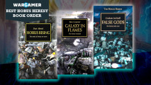 Best Horus Heresy book order guide - Games Workshop artwork showing the Emperor of Mankind on the Golden Throne, overlaid with the book covers for the first three Horus Heresy books: Horus Rising, False Gods, and Galaxy in Flames