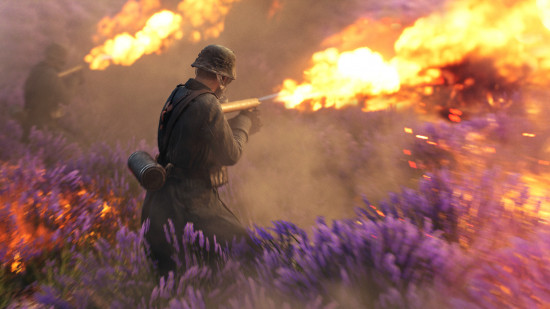 Screenshot from the WW2 game Battlefield V, a German soldier unleashes a flamethrower in a field of heather