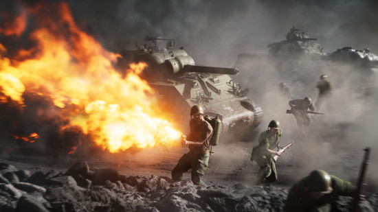Screenshot from the WW2 game Battlefield V, American soldiers advance with flamethrowers ahead of a tank