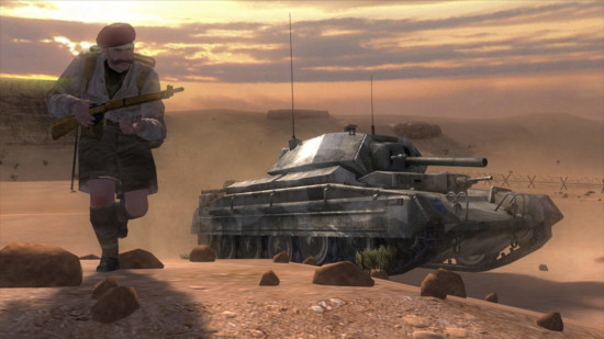 Screenshot from the WW2 game Call of Duty 2, the British commando Price advances alongside a tank in the desert of North Africa
