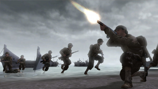 Screenshot from the WW2 game Call of Duty 2, American soldiers on the beaches of Normandy