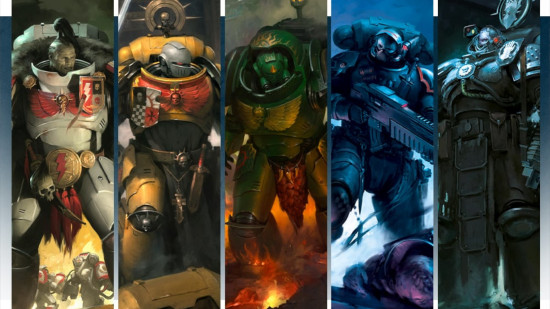 Five illustrations of Warhammer 40k Space Marine chapters side by side - white armored White Scars, yellow armored Imperial Fists, green armored Salamanders, black armored Ravenguard and Iron Hands