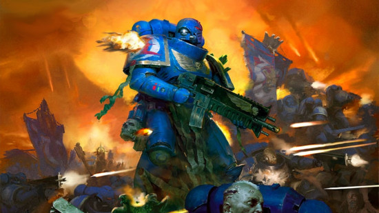 A Warhammer 40k Primaris Space Marine of the Ultramarines chapter, a warrior clad in blue power armor, holding a huge boltgun, a bullet ricocheting off his right pauldron