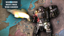 Best free war games online guide - Iron Order 1919 screenshot with a mechwarrior from MechWarrior Online overlaid, shooting its weapon, and a title tab with the Wargamer logo and the legend Best Free War Games