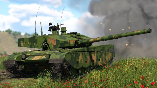 Best free war games online guide - War Thunder screenshot showing a modern main battle tank firing its cannon, with digital woodland camo