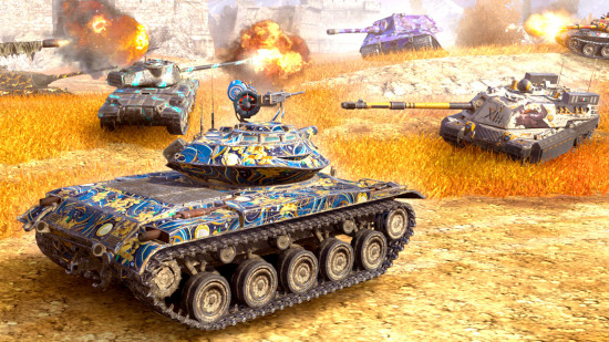 Best free war games online guide - World of Tanks Blitz screenshot showing five tanks battling it out, with colorful camos