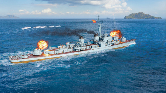 Best free war games online guide - World of Warships screenshot showing a ship firing on an enemy beside an island on blue waters