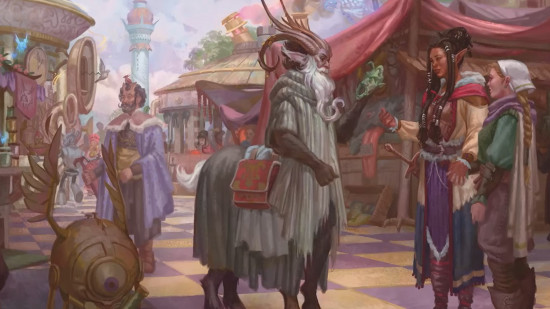 DnD backgrounds 5e - Wizards of the Coast art of a busy market in Sigil